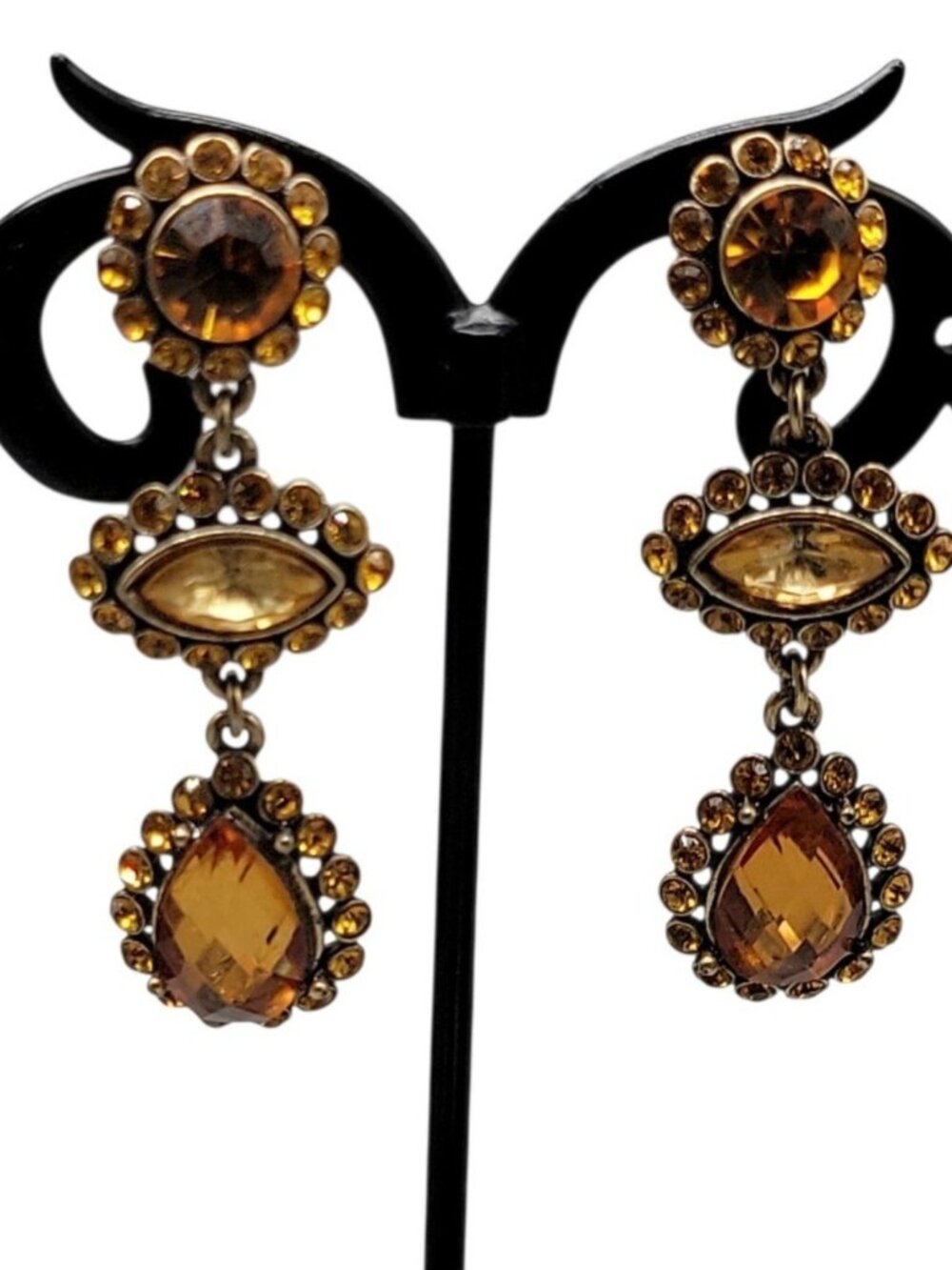 IMANon Signed Earrings Amber Rhinestone Dangle Drop Statement Fashion Jewelry - Picture 5 of 7